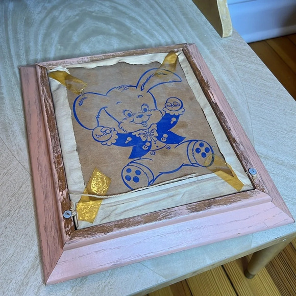Vintage 50s Children’s Bedroom Decor Painted Framed Canvas Bunnies & Elephants - Picture 8 of 9